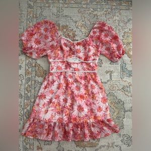 Shein Bright Pink Orange Daisy Floral Sun Dress, Light Dress Cutout Ruffles M
